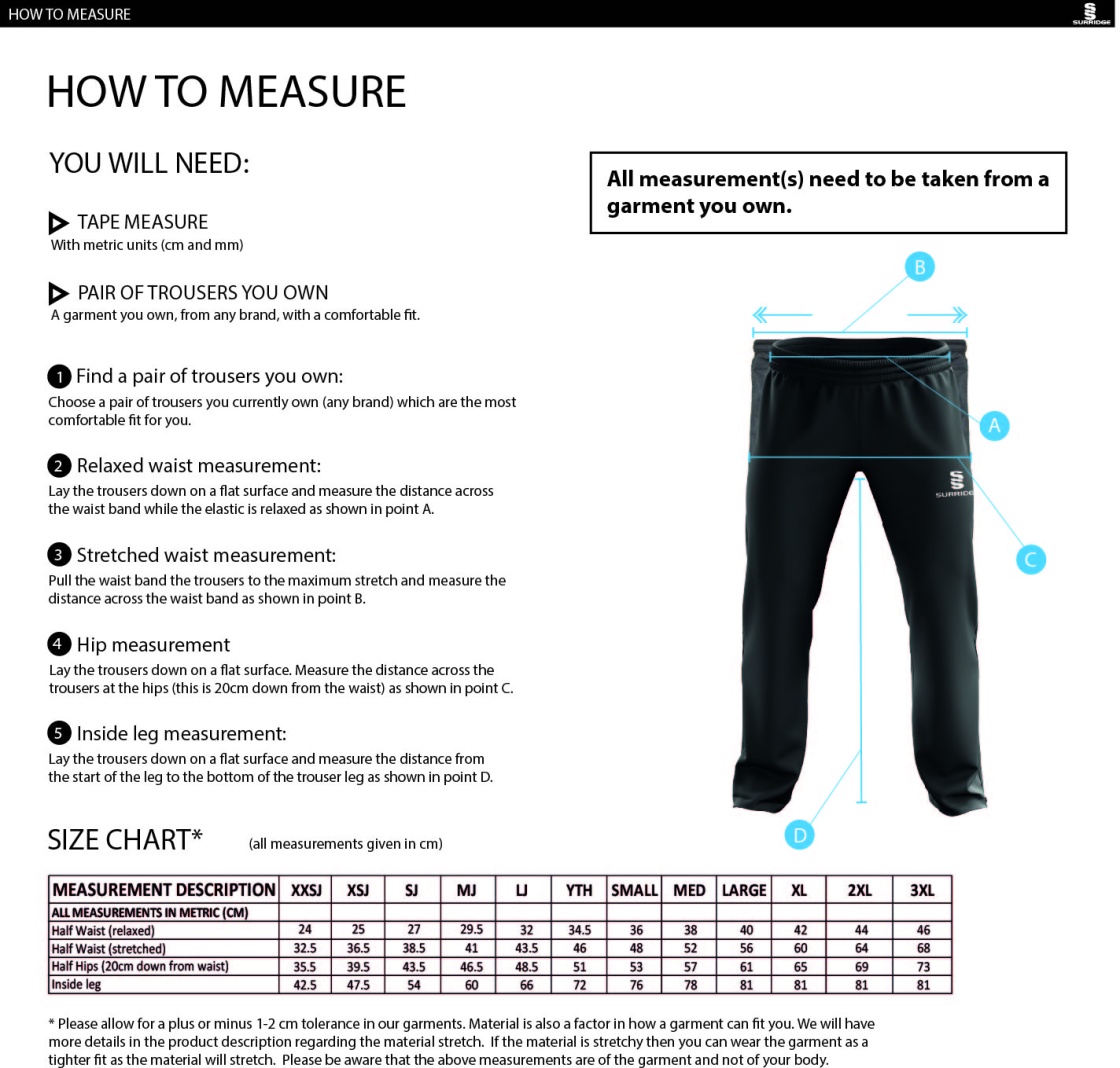Cheshire 50s - Dual Poplin Track Pant with Lycra - Size Guide