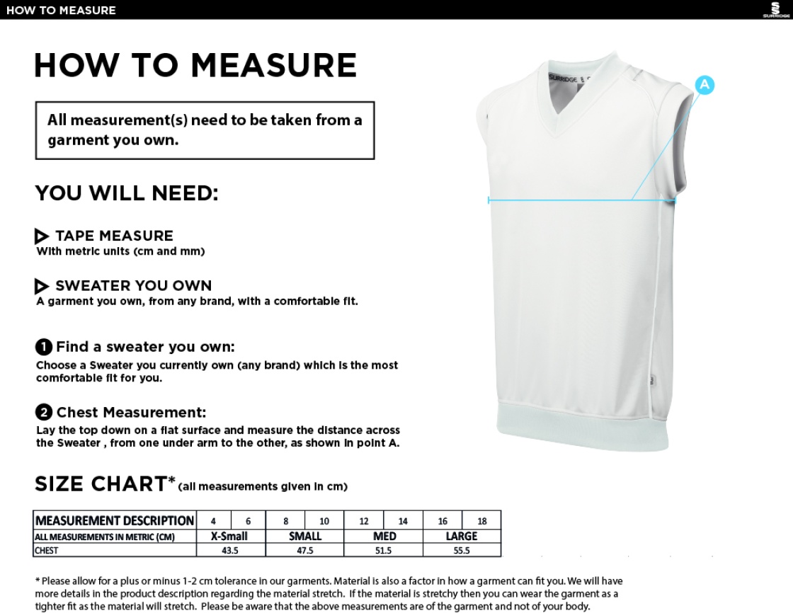 Cheshire County - Blast Sleeveless Cricket Sweater - Women's Fit - Size Guide