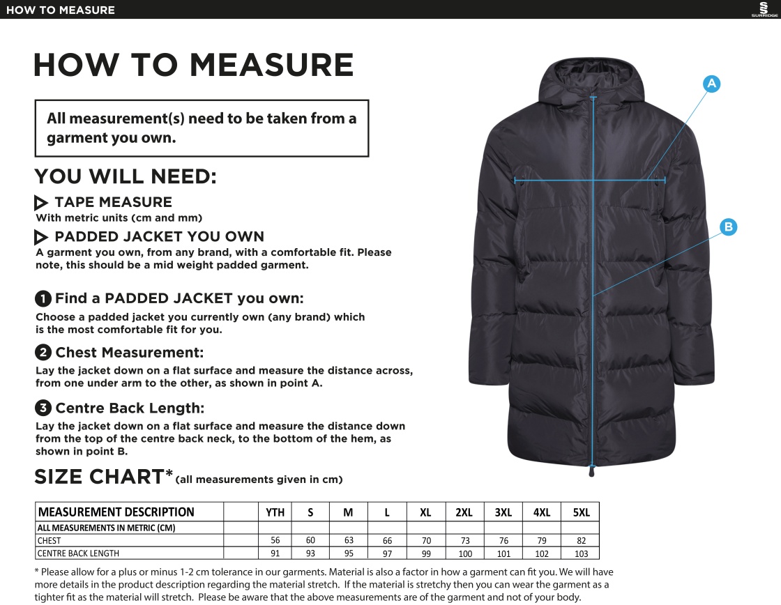 Cheshire County - Active Long Padded Jacket - Unisex Fit - Size Guide