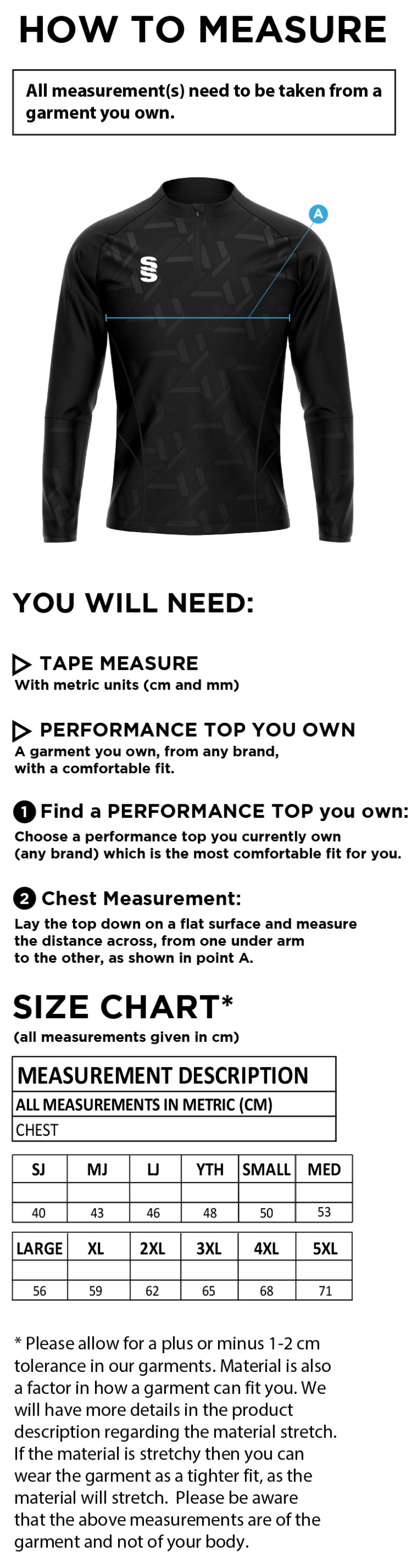 Cheshire County - Impact 1/4 Zip Performance Top - Unisex Fit - Size Guide