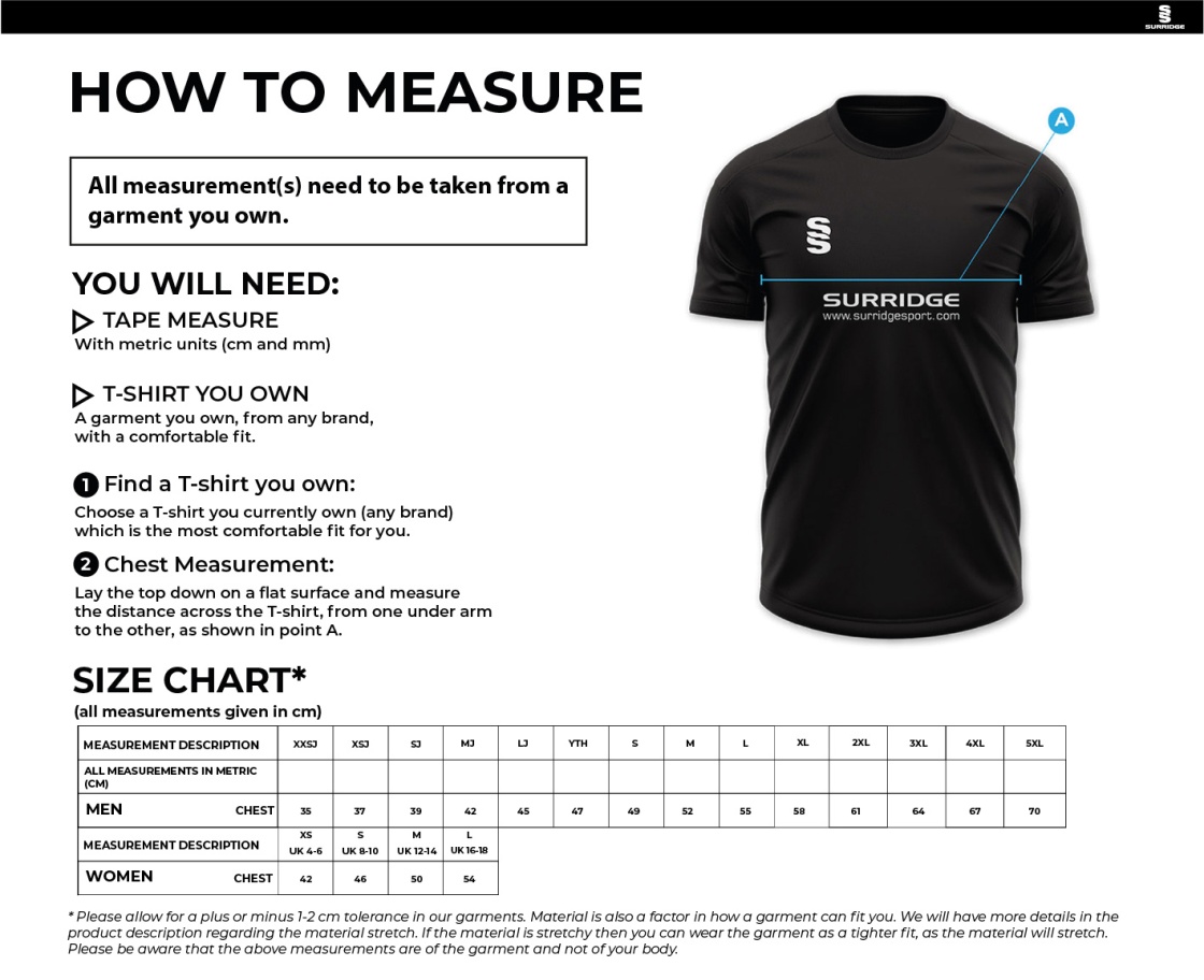 Cheshire County - Playing Shirt - Unisex Fit - Size Guide