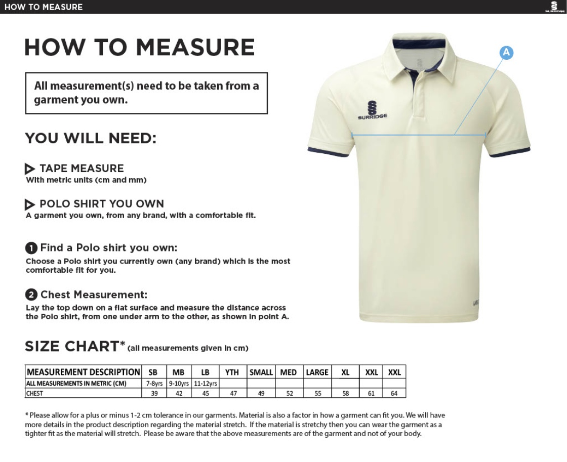 Cheshire County - Dual Cricket Shirt Short Sleeve - Unisex Fit - Size Guide