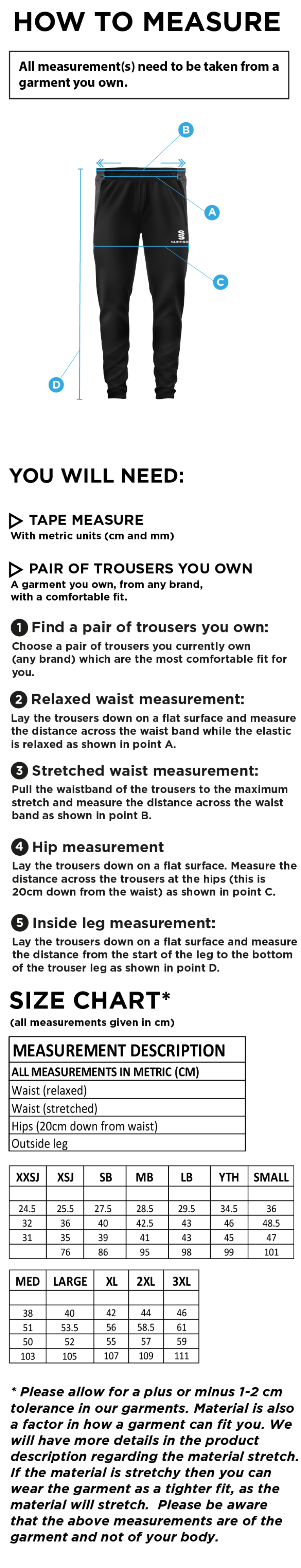 Cheshire County - Tek Slim Training Pants - Unisex Fit - Size Guide