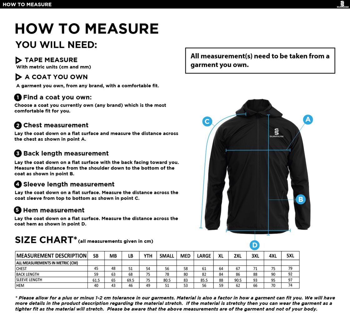 Cheshire County - Dual Full Zip Training Jacket - Unisex Fit - Size Guide
