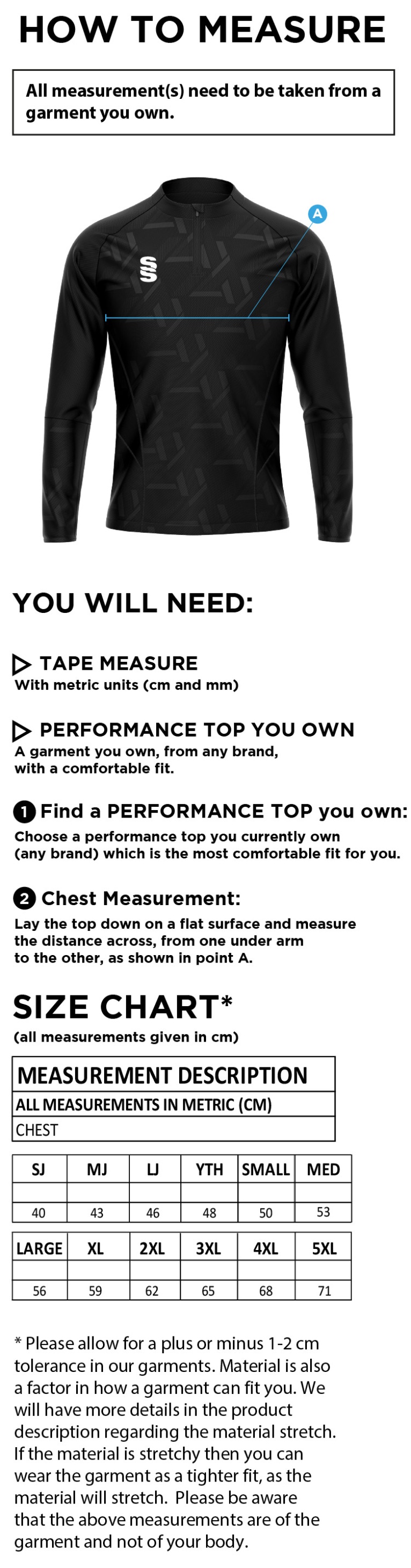 Cheshire County - Impact 1/4 Zip Performance Top - Unisex Fit - Size Guide