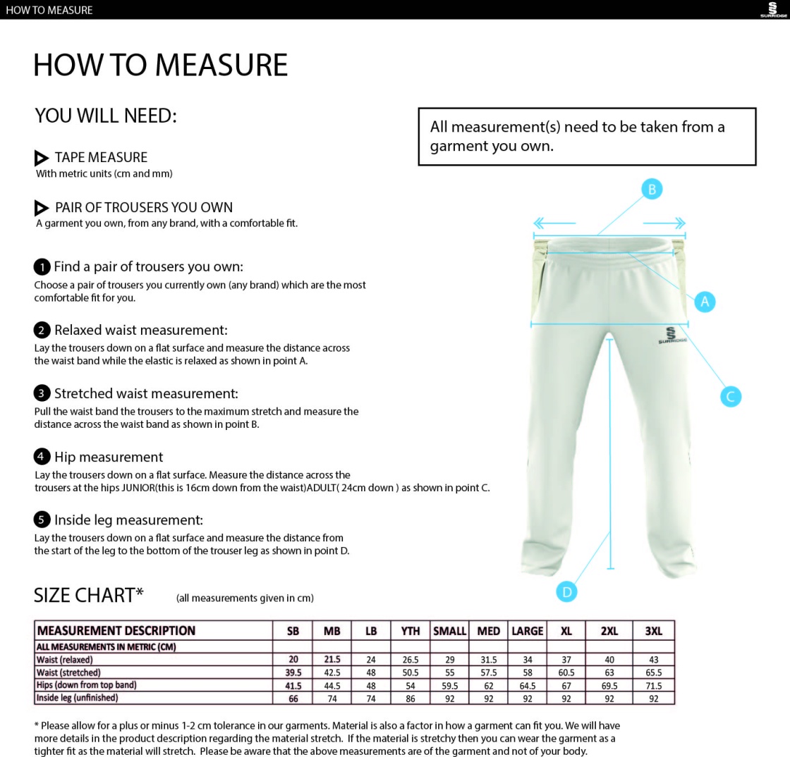 Cheshire 50s - Standard Playing Pant - Size Guide