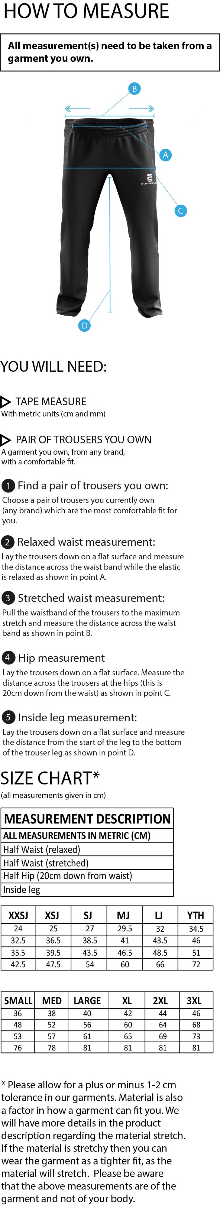 Cheshire 50s - Dual Poplin Track Pant with Lycra - Size Guide