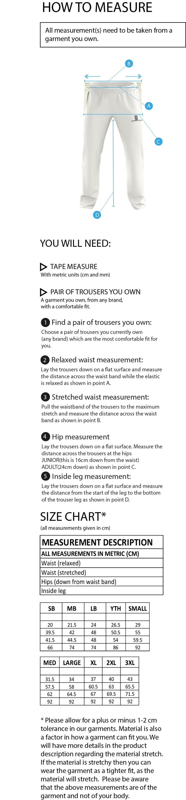 Cheshire 50s - Standard Playing Pant - Size Guide