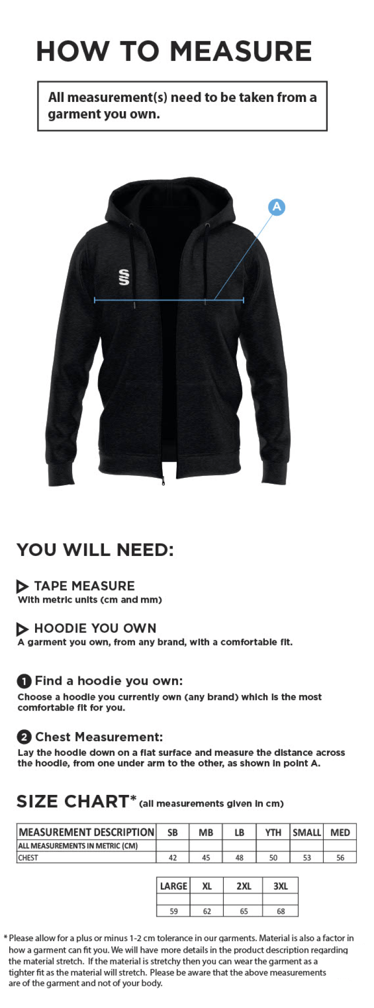 Cheshire - Dual Full Zip Hoody - Unisex Fit - Size Guide