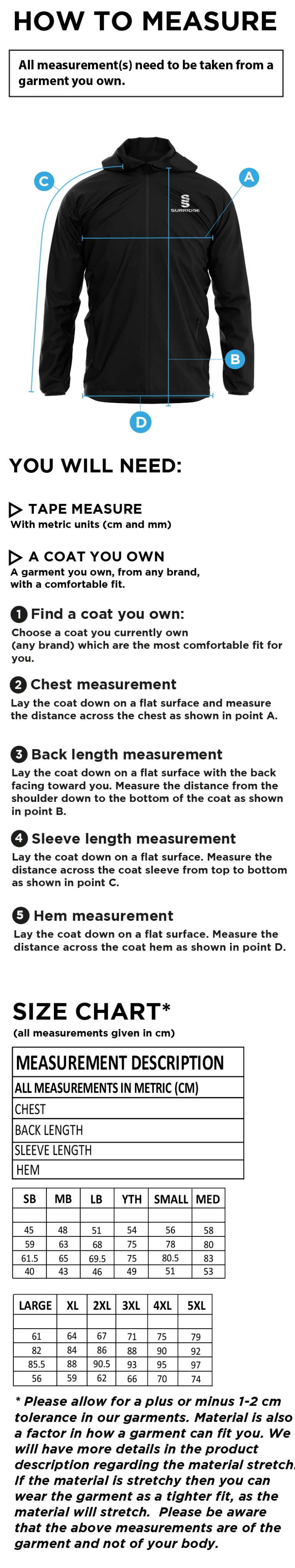 Cheshire County - Dual Full Zip Training Jacket - Unisex Fit - Size Guide