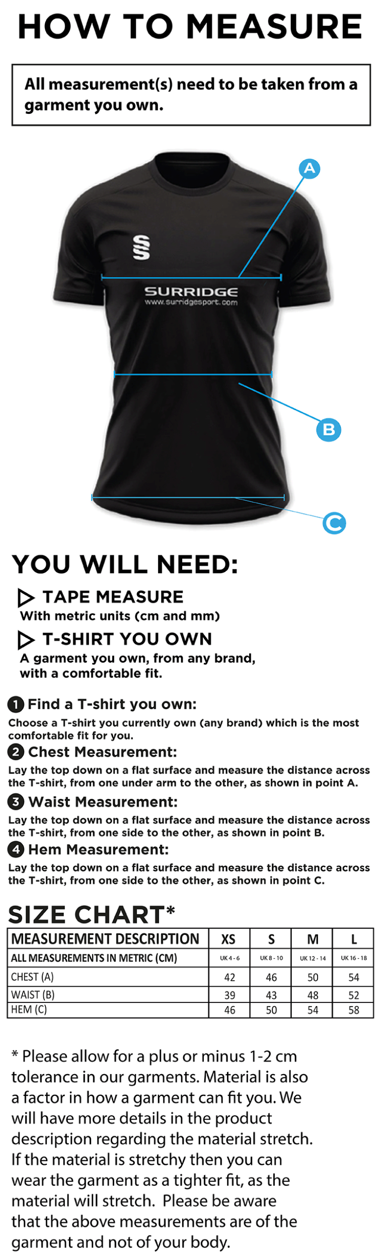 Cheshire County - Impact T-Shirt - Women's Fit - Size Guide