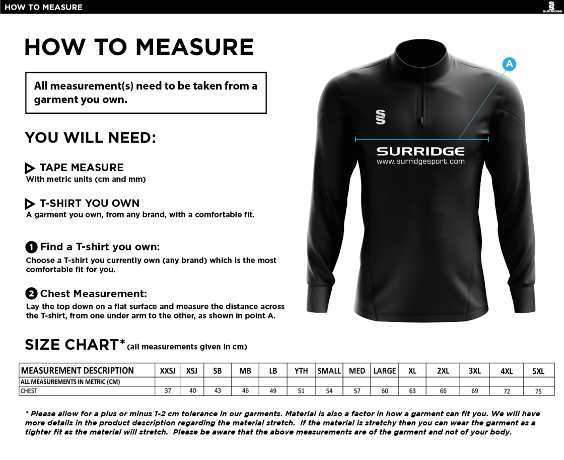 Cheshire - 1/4 Zip Dual Performance Top - Unisex Fit - Size Guide