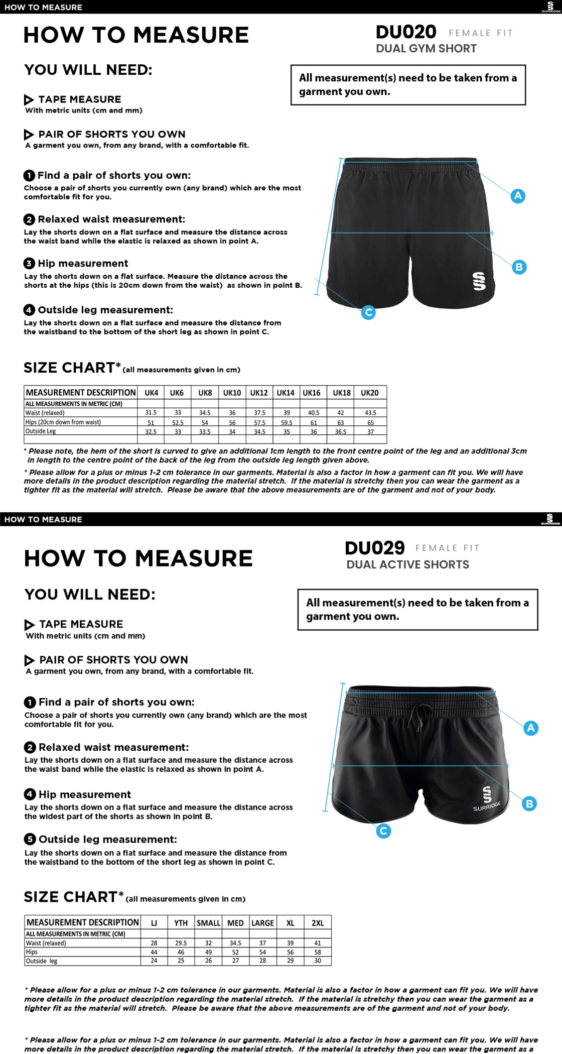 Cheshire County - Dual Gym or Active Short - Women's Fit - Size Guide