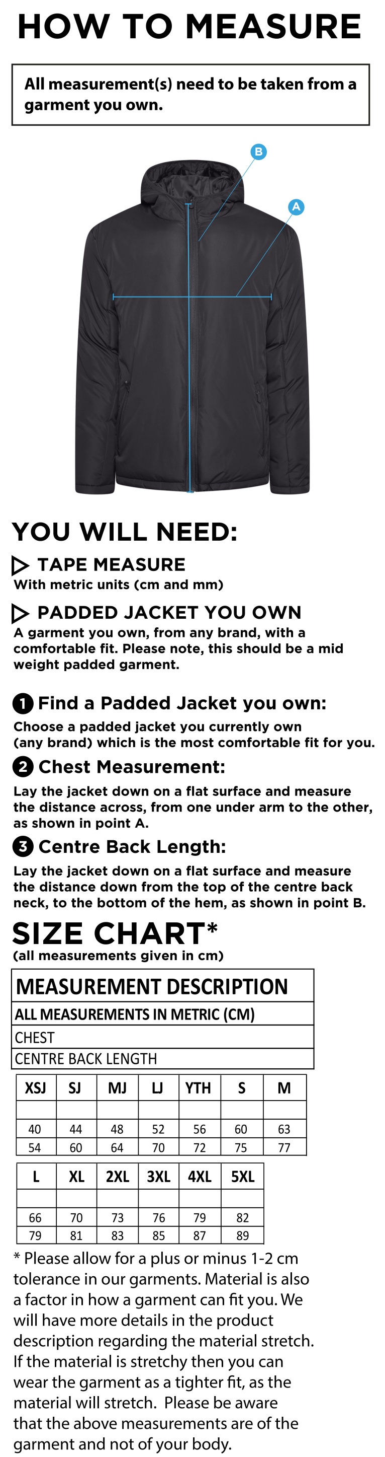 Cheshire County - Active Padded Jacket - Unisex Fit - Size Guide