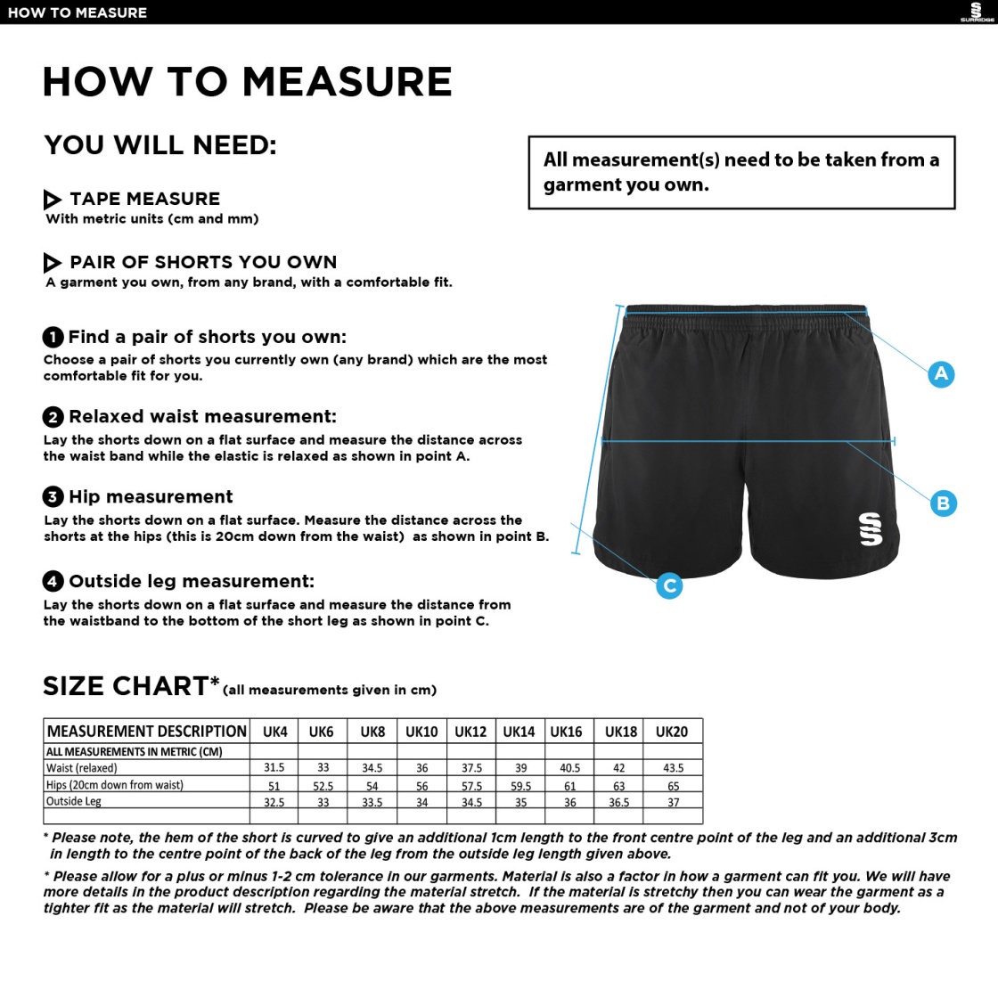 Cheshire County - Performance Gym Short - Girls/Women's Fit - Size Guide