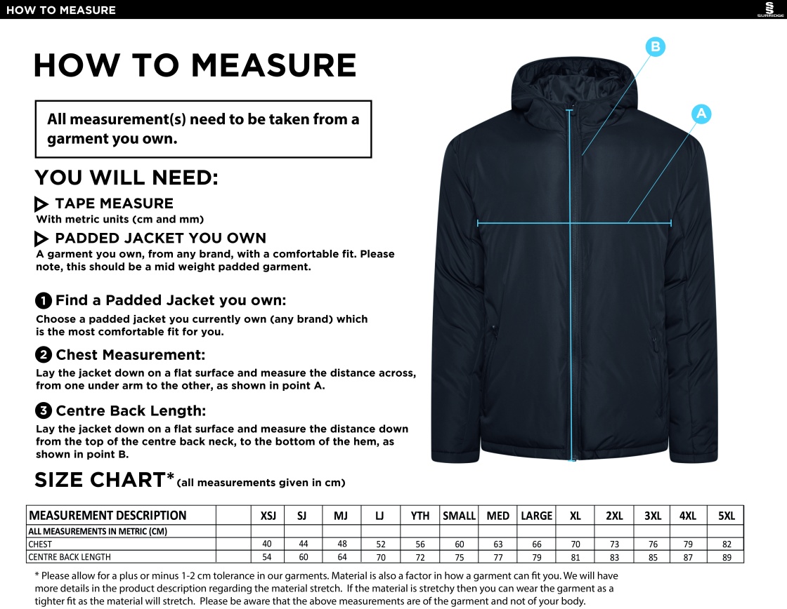 Cheshire County - Active Padded Jacket - Unisex Fit - Size Guide