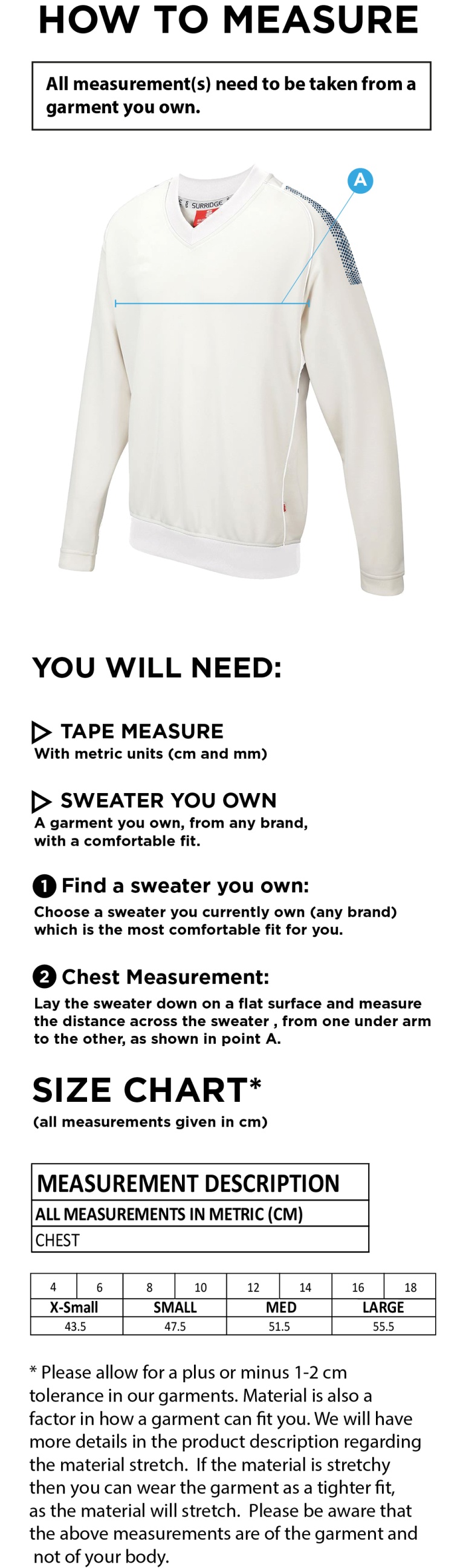 Cheshire County - Blast Long Sleeve Cricket Sweater - Women's Fit - Size Guide
