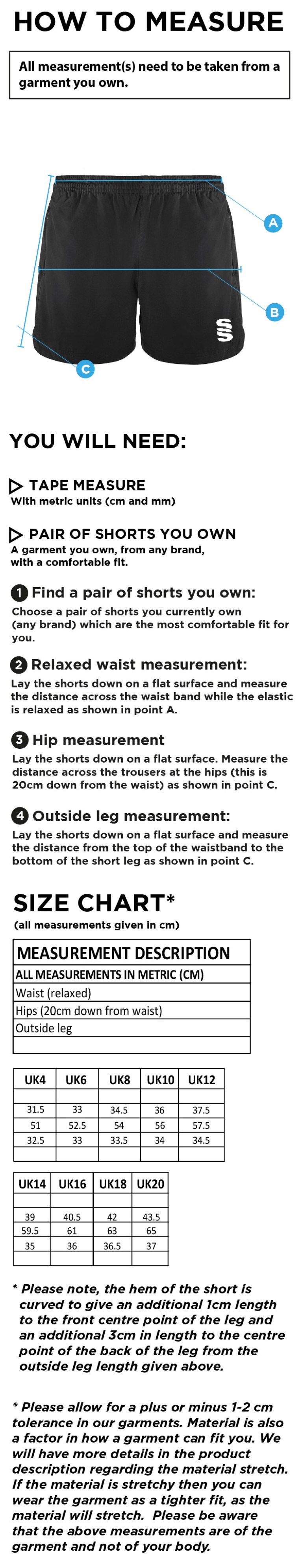 Cheshire County - Performance Gym Short - Girls/Women's Fit - Size Guide