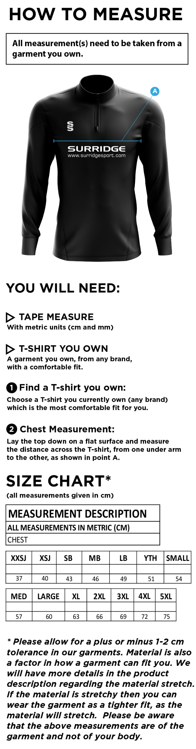 Cheshire - 1/4 Zip Dual Performance Top - Unisex Fit - Size Guide