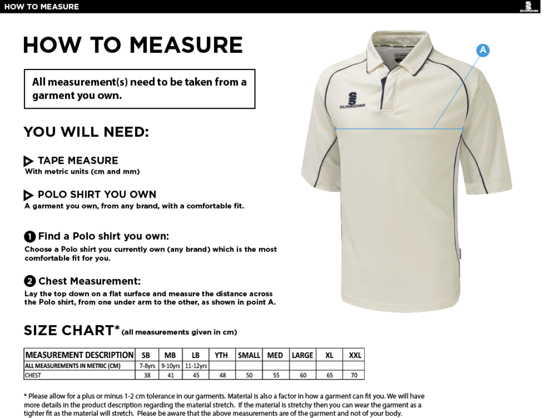 Cheshire 50s - Dual Premier Short Sleeve Shirt - Size Guide