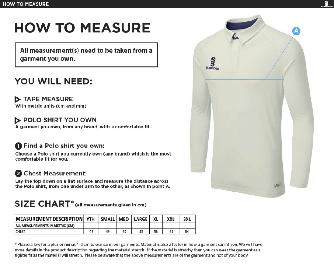 Cheshire County - Dual Cricket Shirt Long Sleeve - Unisex Fit - Size Guide