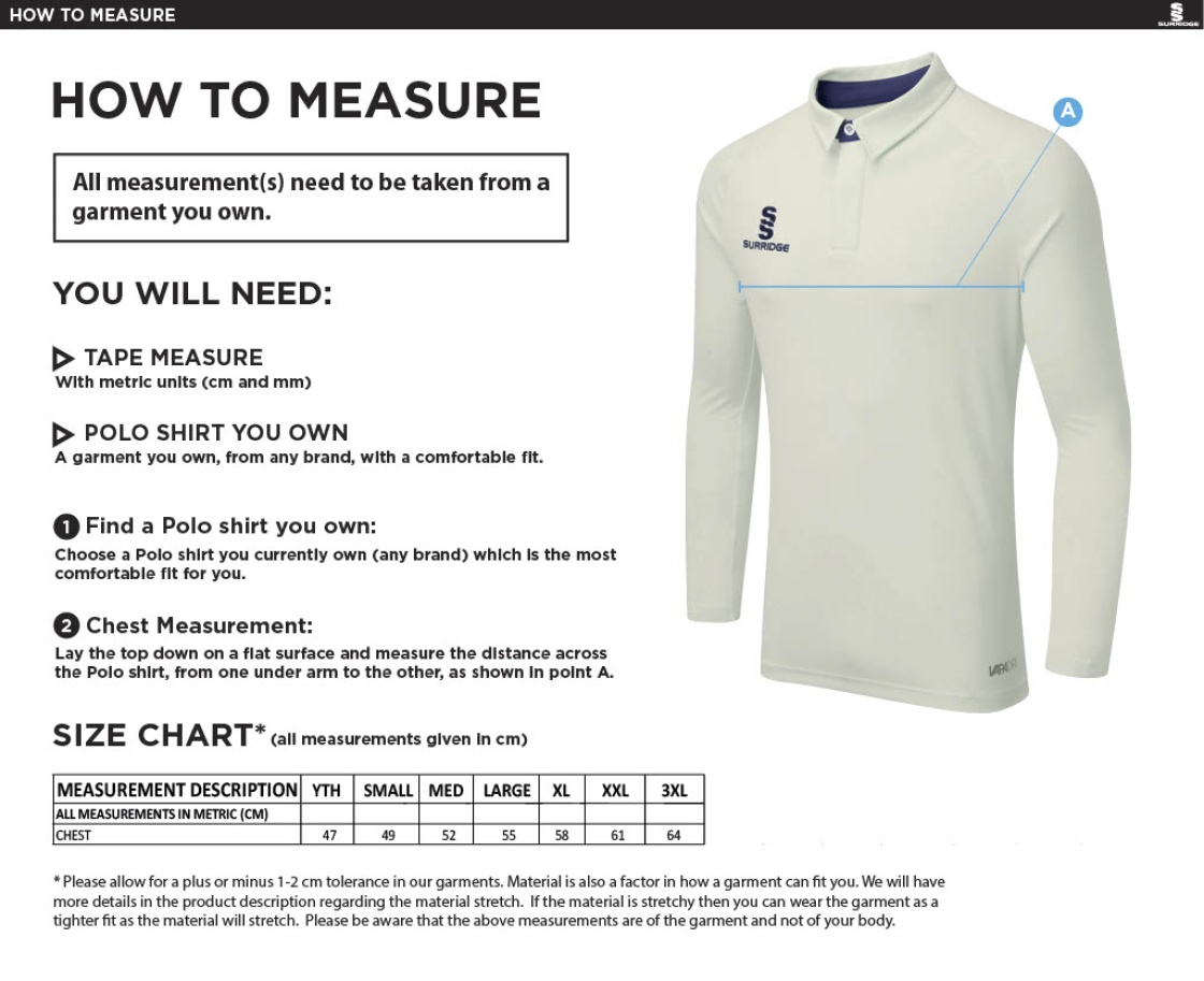 Cheshire County - Dual Cricket Shirt Long Sleeve - Size Guide