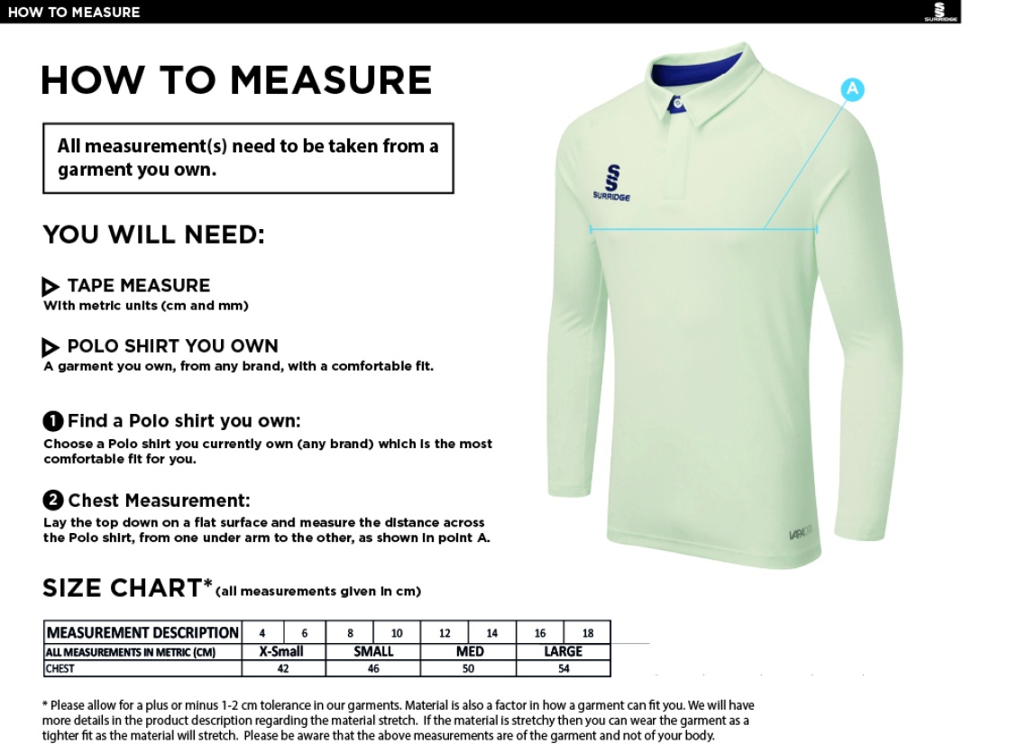 Cheshire County - Dual Cricket Shirt Long Sleeve - Women's Fit - Size Guide