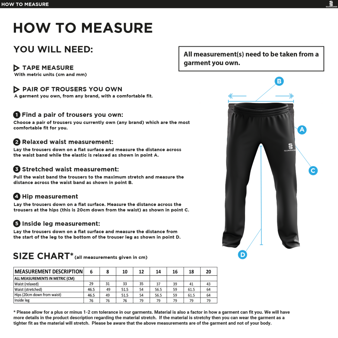 Cheshire Staff - Poplin Track Pant With Lycra - Women's Fit - Size Guide