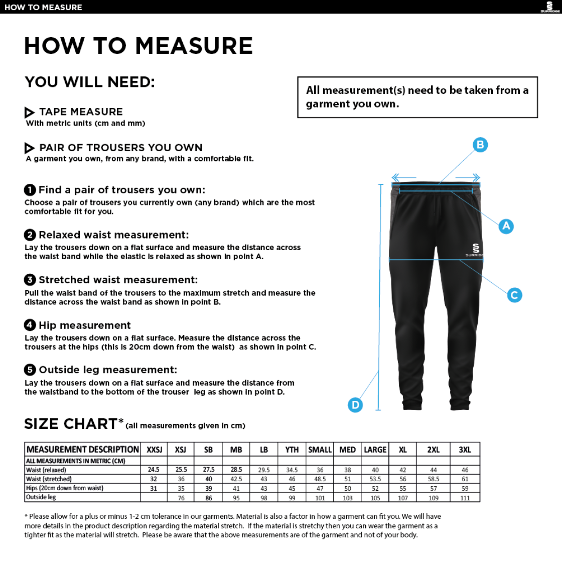 Cheshire County - Tek Slim Training Pants - Unisex Fit - Size Guide