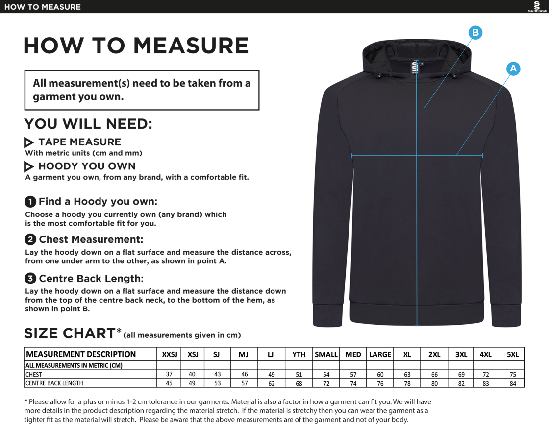Cheshire Staff - Active Hoody - Unisex Fit - Size Guide
