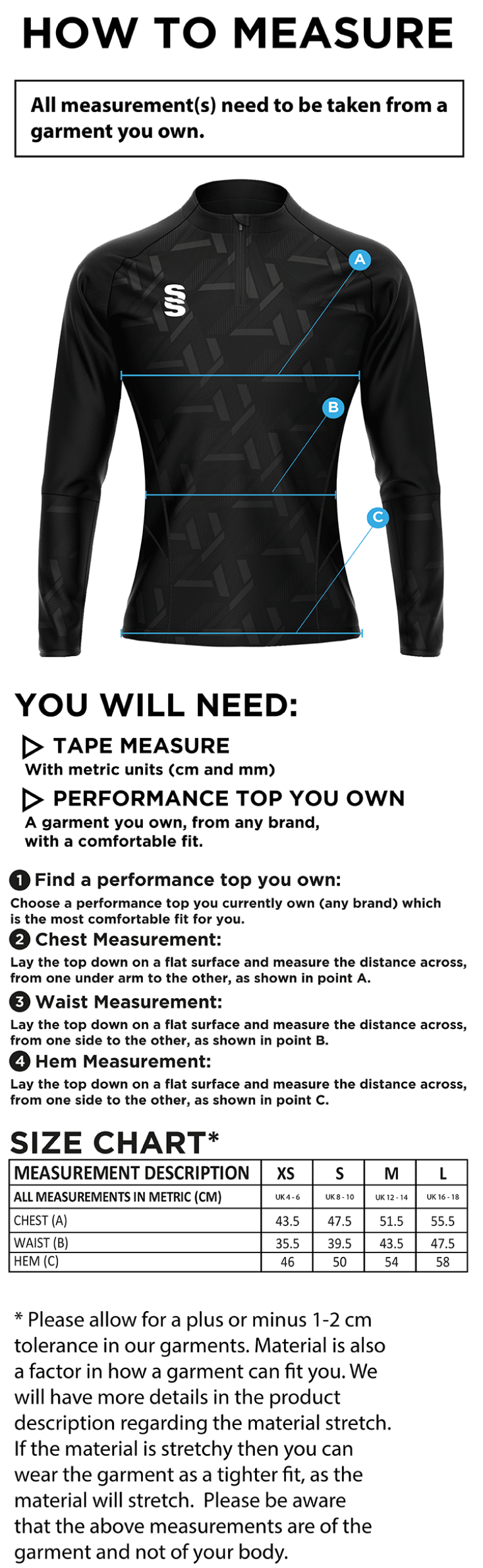 Cheshire County - Impact 1/4 Zip Performance Top - Women's Fit - Size Guide