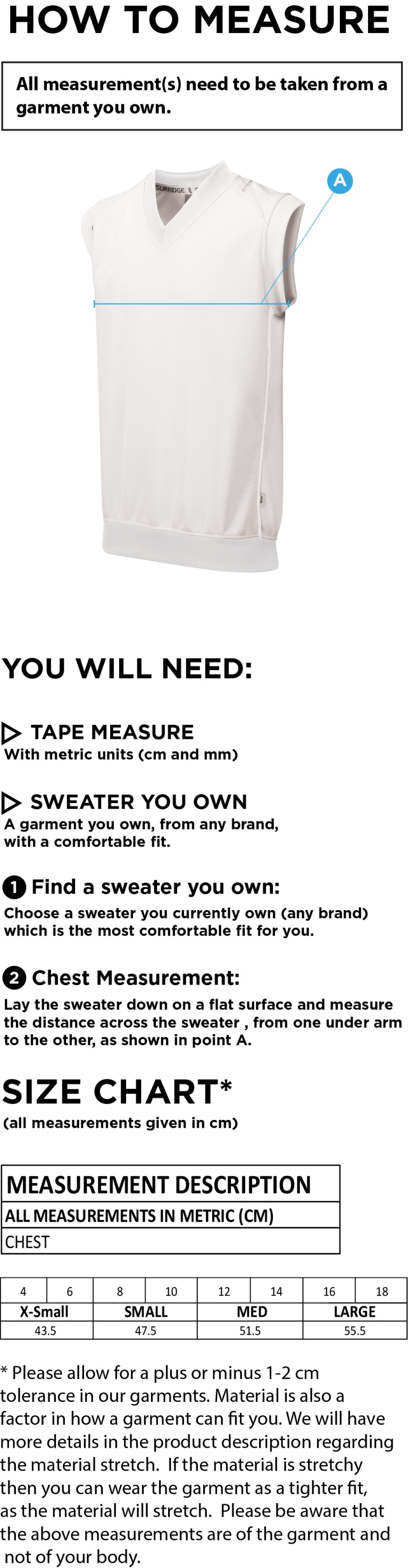 Cheshire County - Blast Sleeveless Cricket Sweater - Women's Fit - Size Guide