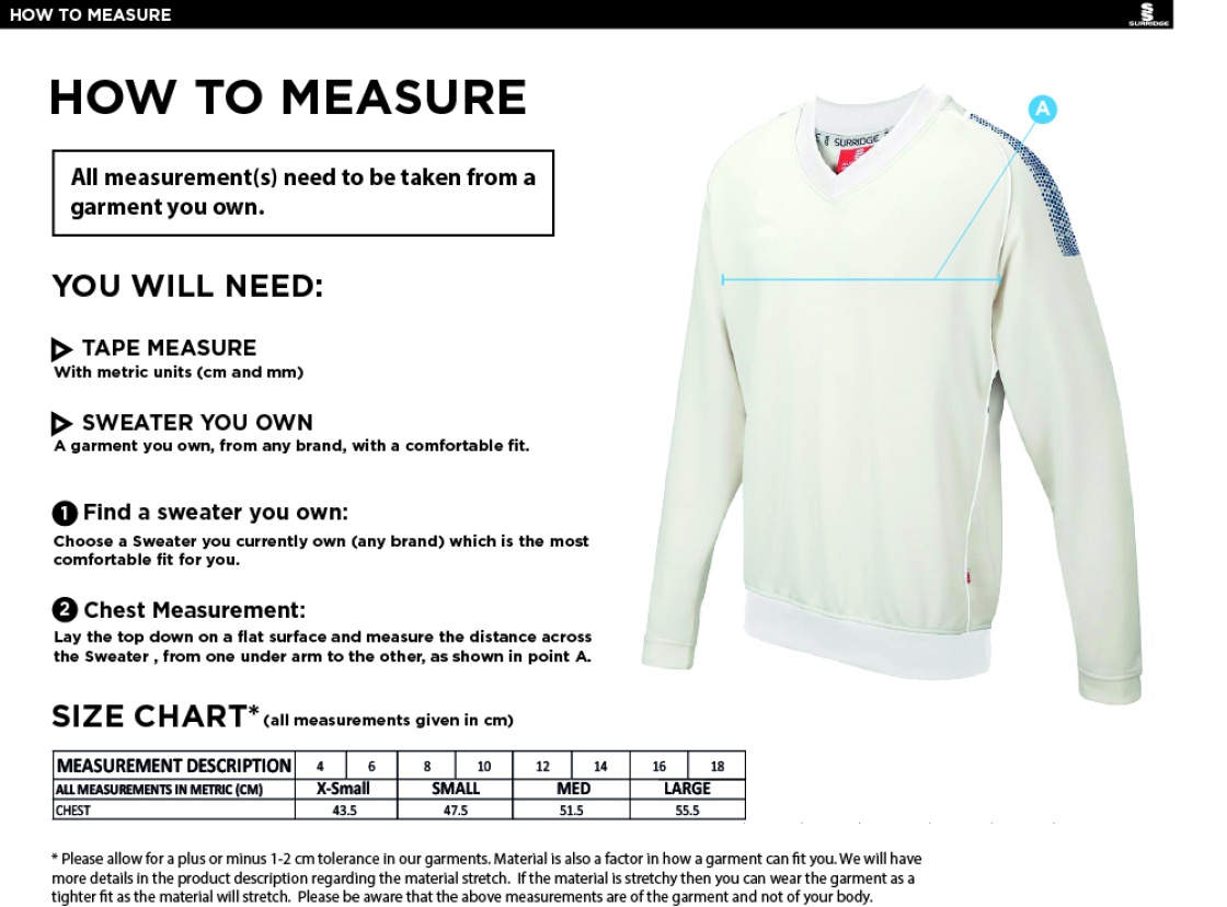 Cheshire County - Blast Long Sleeve Cricket Sweater - Women's Fit - Size Guide