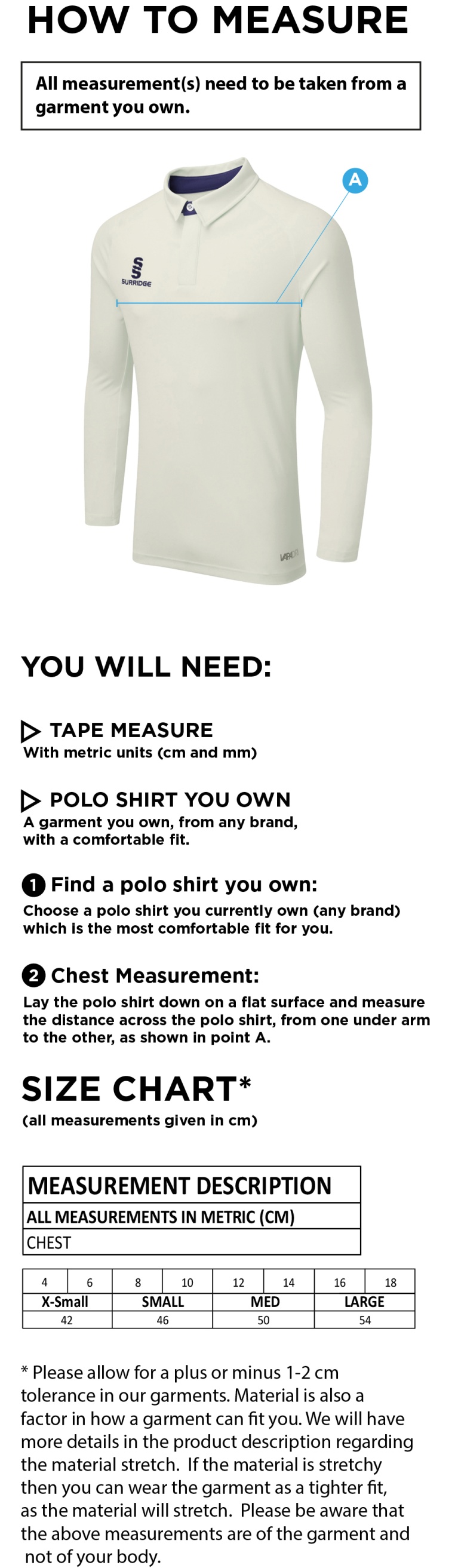 Cheshire County - Dual Cricket Shirt Long Sleeve - Women's Fit - Size Guide