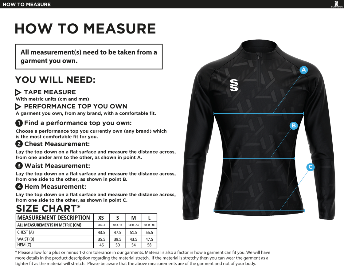 Cheshire County - Impact 1/4 Zip Performance Top - Women's Fit - Size Guide