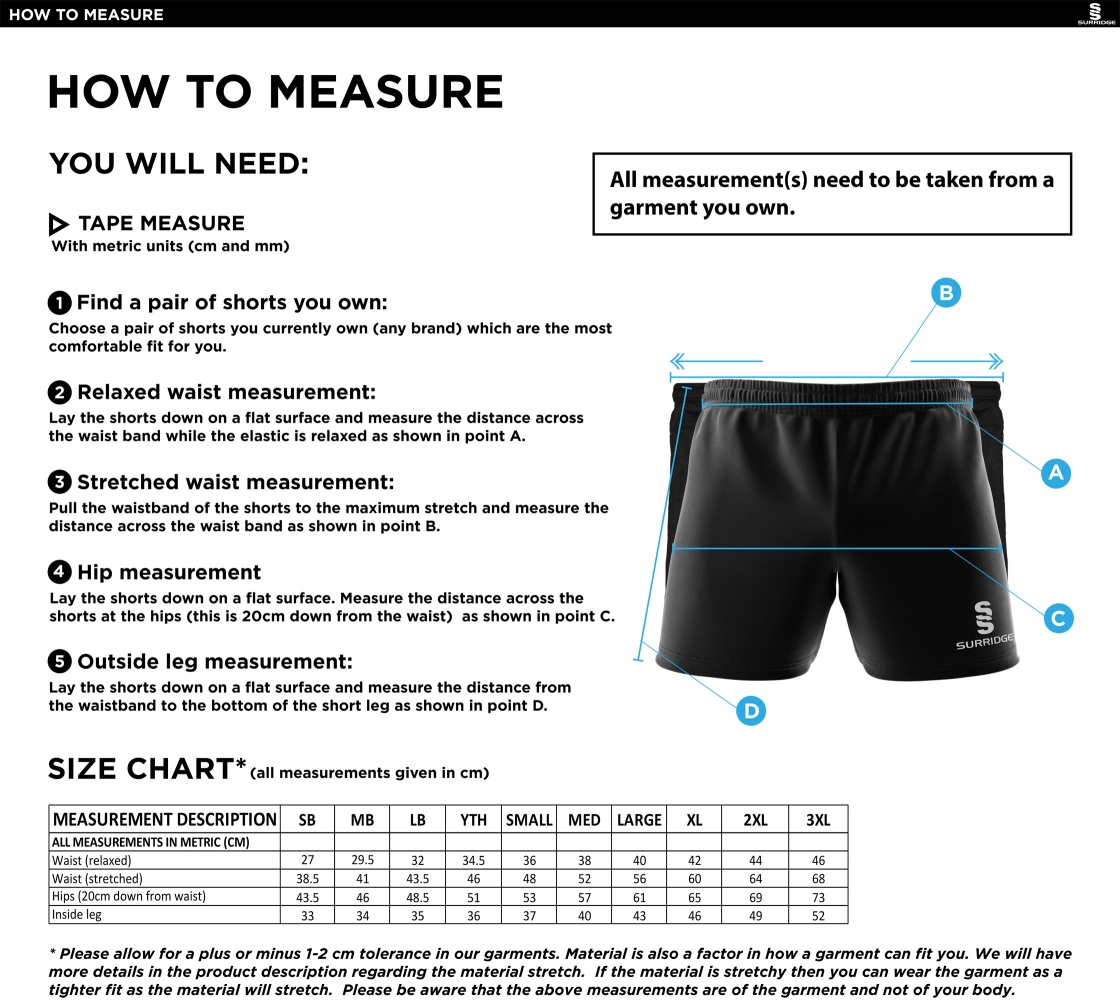 Cheshire County - Performance Gym Short - Unisex Fit - Size Guide