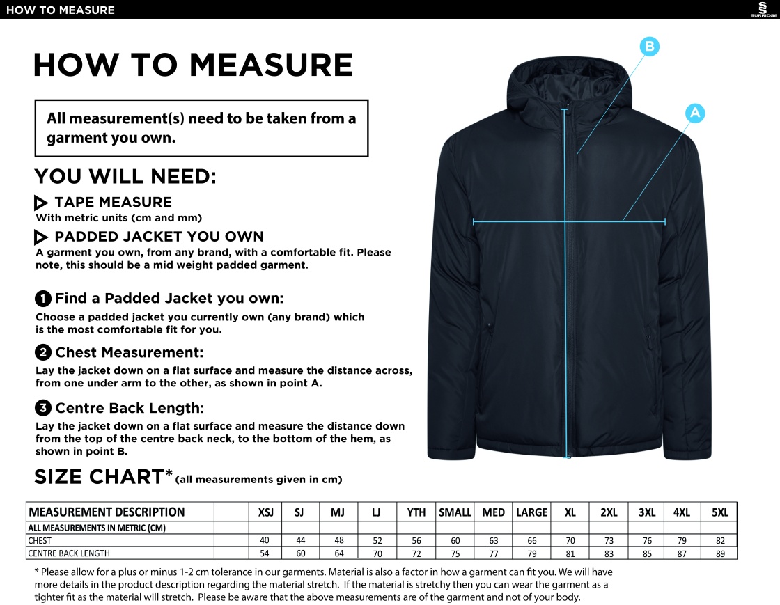 Cheshire County - Active Padded Jacket - Unisex Fit - Size Guide