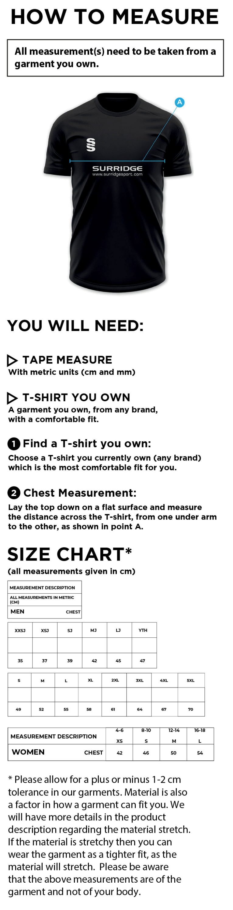 Cheshire County - Playing Shirt - Unisex Fit - Size Guide