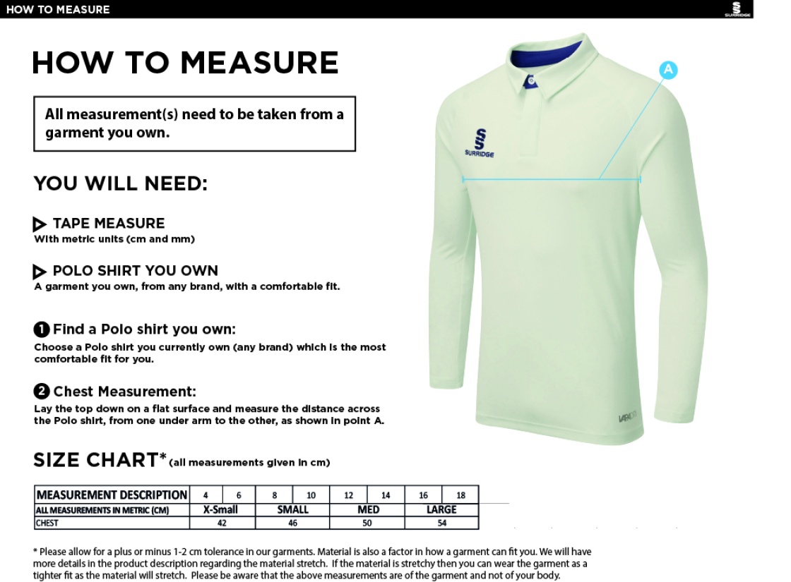 Cheshire County - Dual Cricket Shirt Long Sleeve - Women's Fit - Size Guide