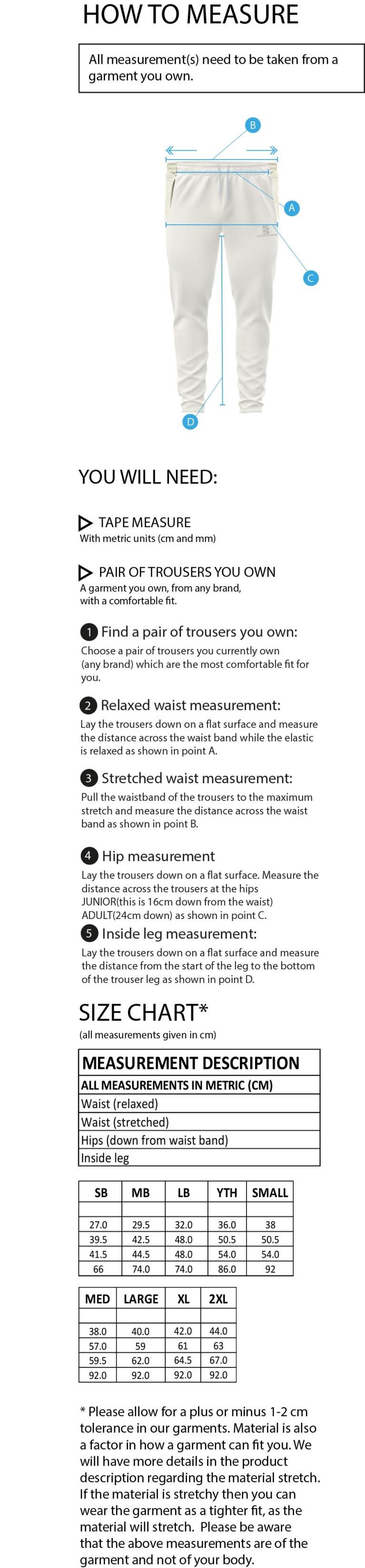 Cheshire 50s - Ergo Playing Pant - Size Guide