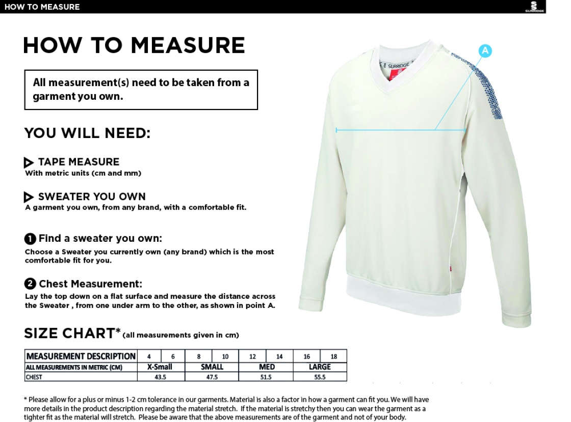 Cheshire County - Blast Long Sleeve Cricket Sweater - Women's Fit - Size Guide