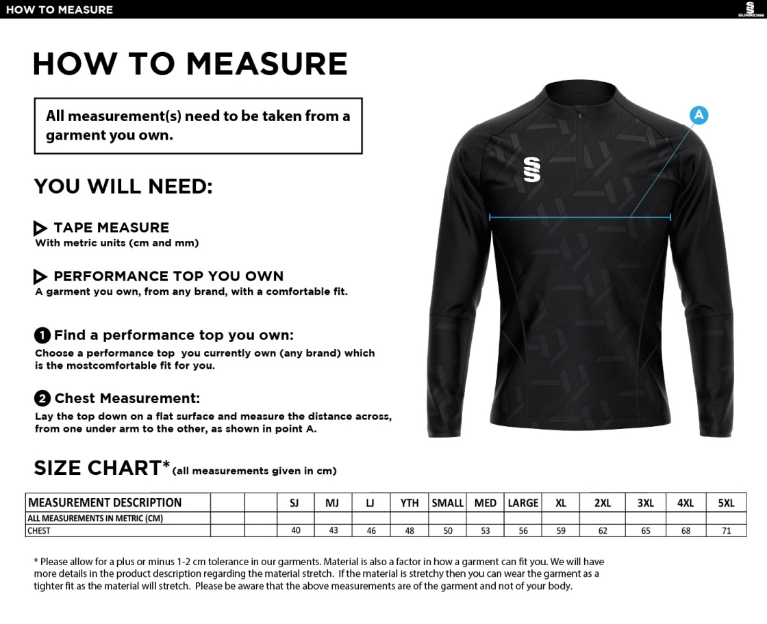 Cheshire County - Impact 1/4 Zip Performance Top - Unisex Fit - Size Guide