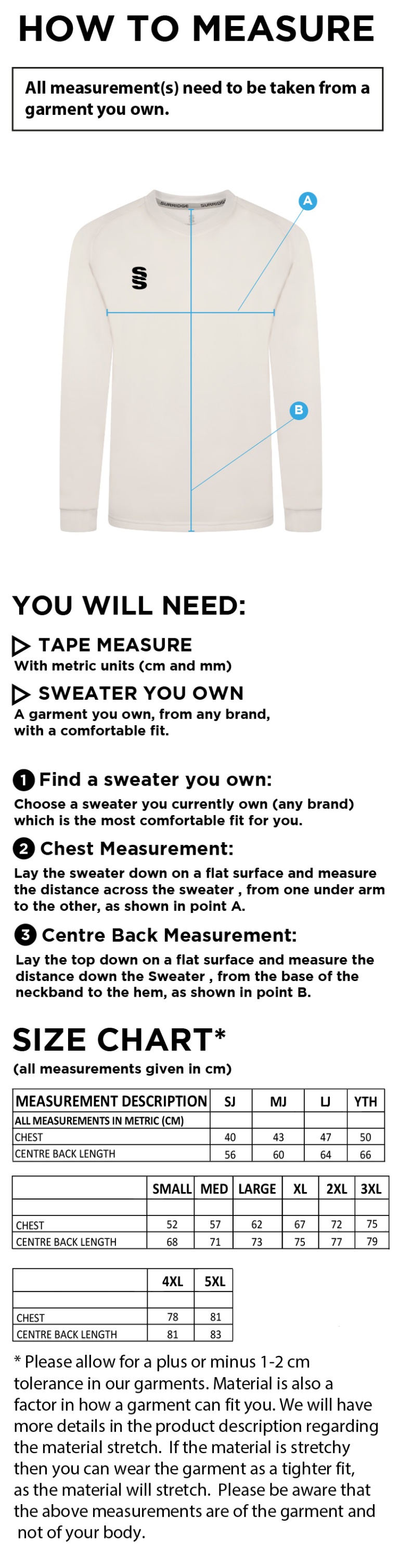 Cheshire County - Playing Sweater - Unisex Fit - Size Guide