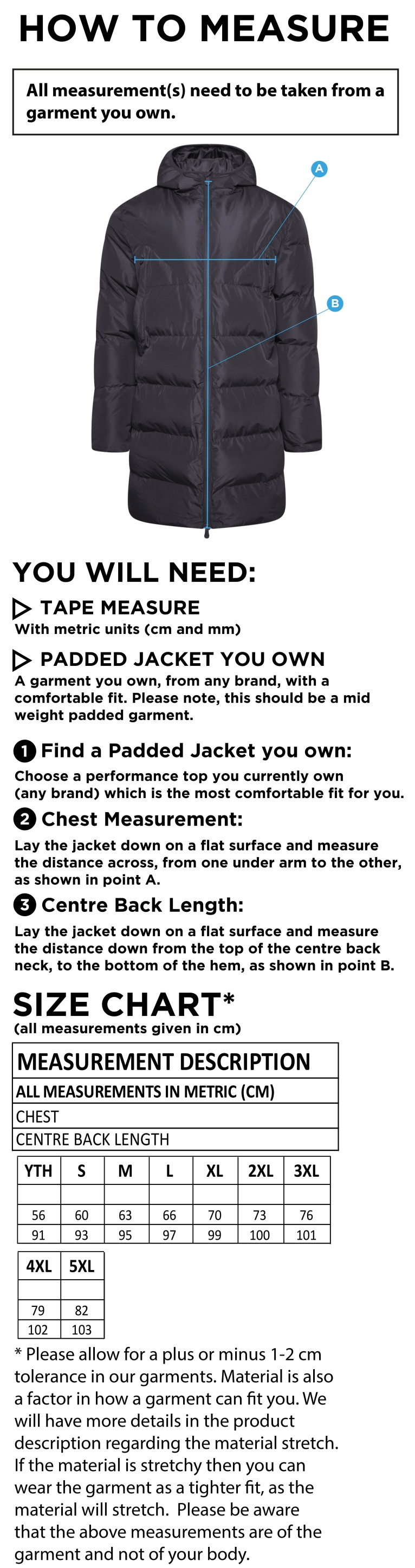 Cheshire County - Active Long Padded Jacket - Unisex Fit - Size Guide